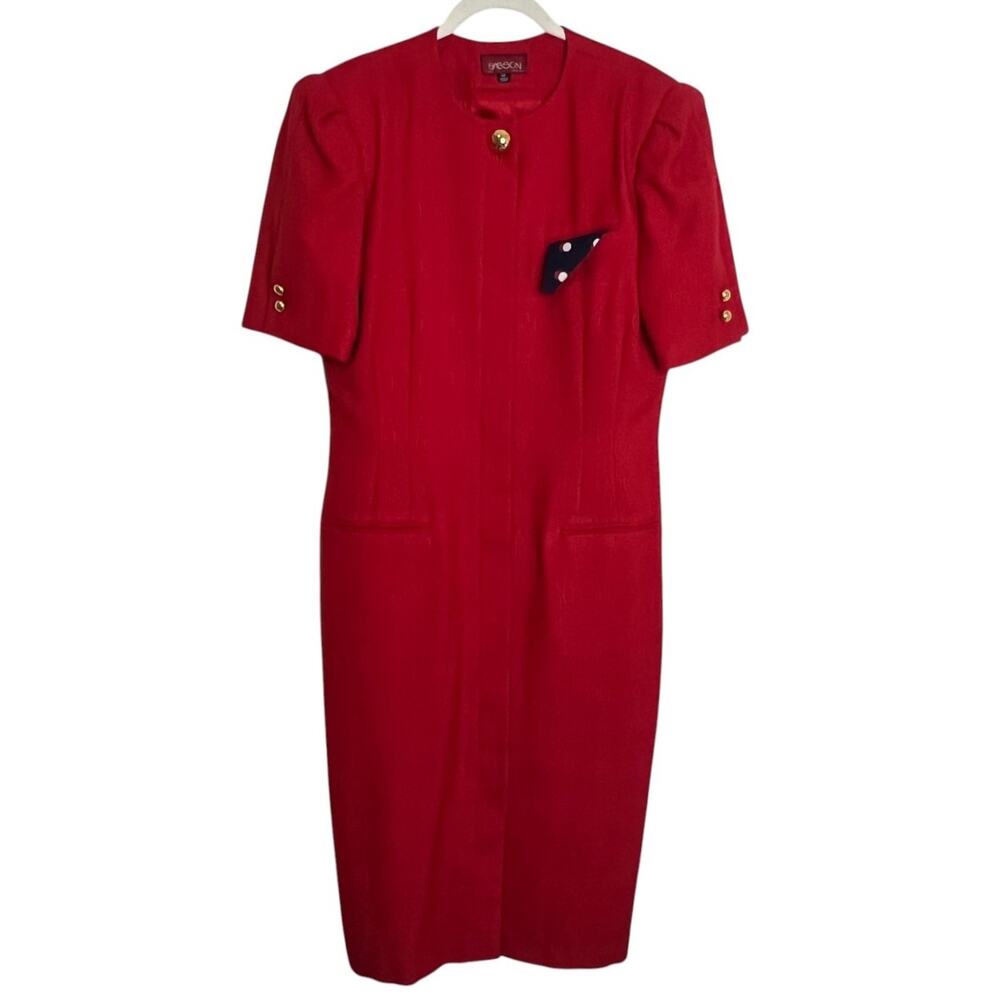 Sasson Womens Red Dress Size 12 Midi Sheath Hidden Buttons Vintage 80s Career
